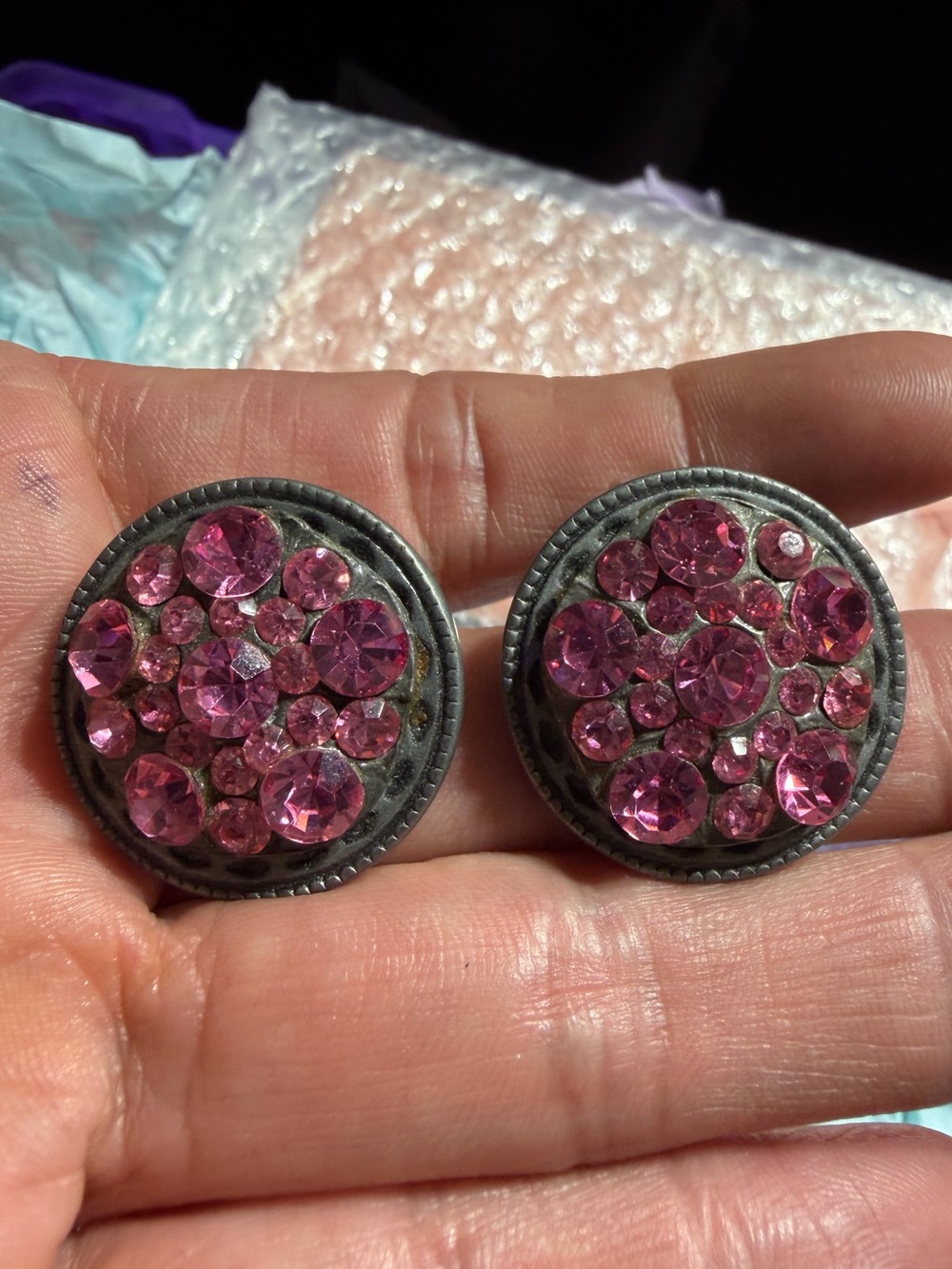 Vintage Pink Crystal Button Clip On Earrings